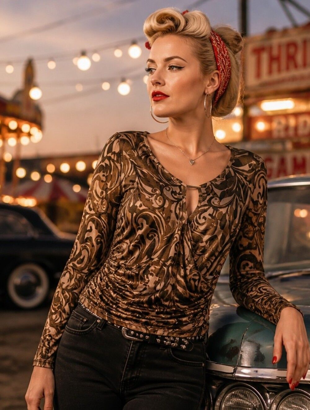 INC International Concepts Brown & Taupe Swirl-Print Drape Front Top